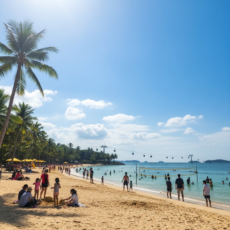 Sentosa Island beach with families enjoying sunny day and cable car in distance