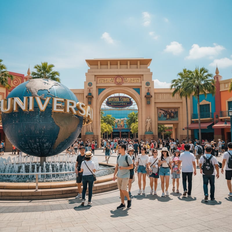 Universal Studios Singapore entrance with globe fountain
