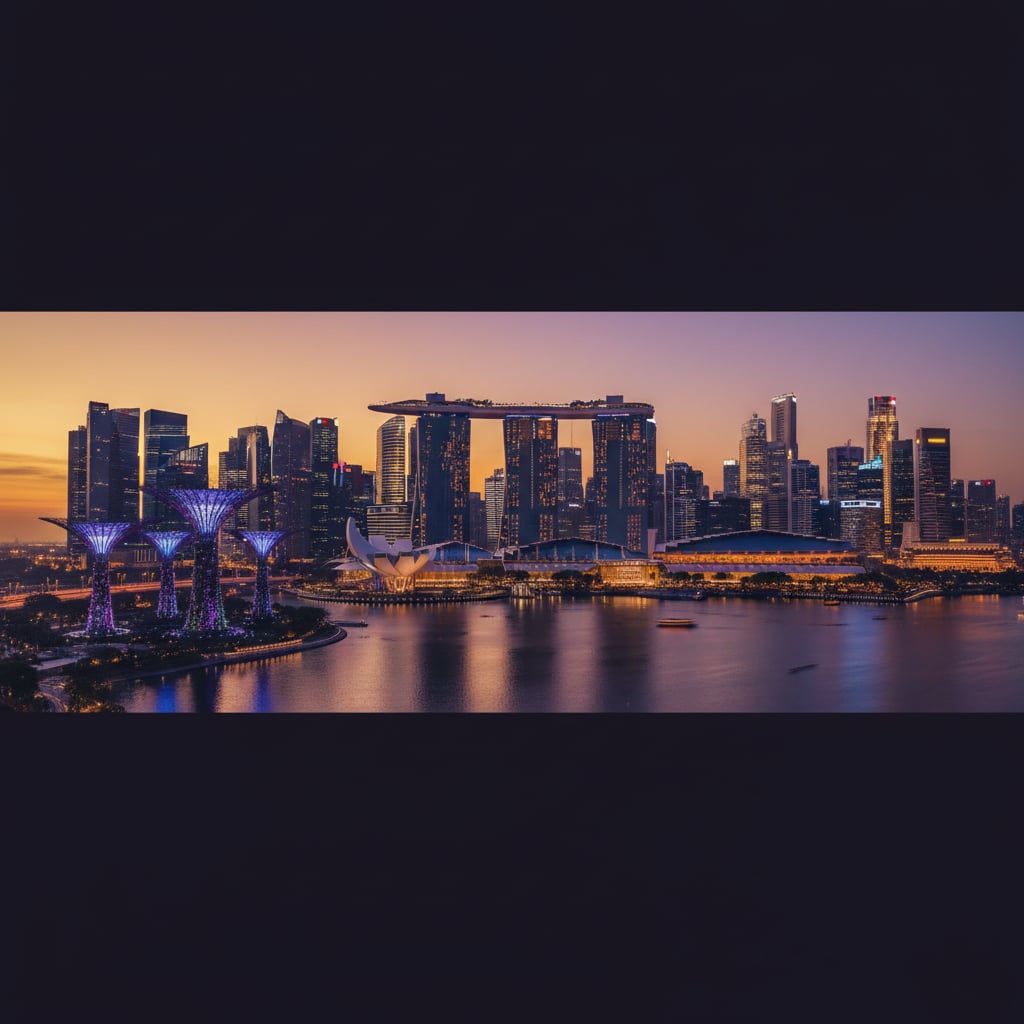 Singapore skyline at dusk with Marina Bay Sands and Gardens by the Bay Supertrees
