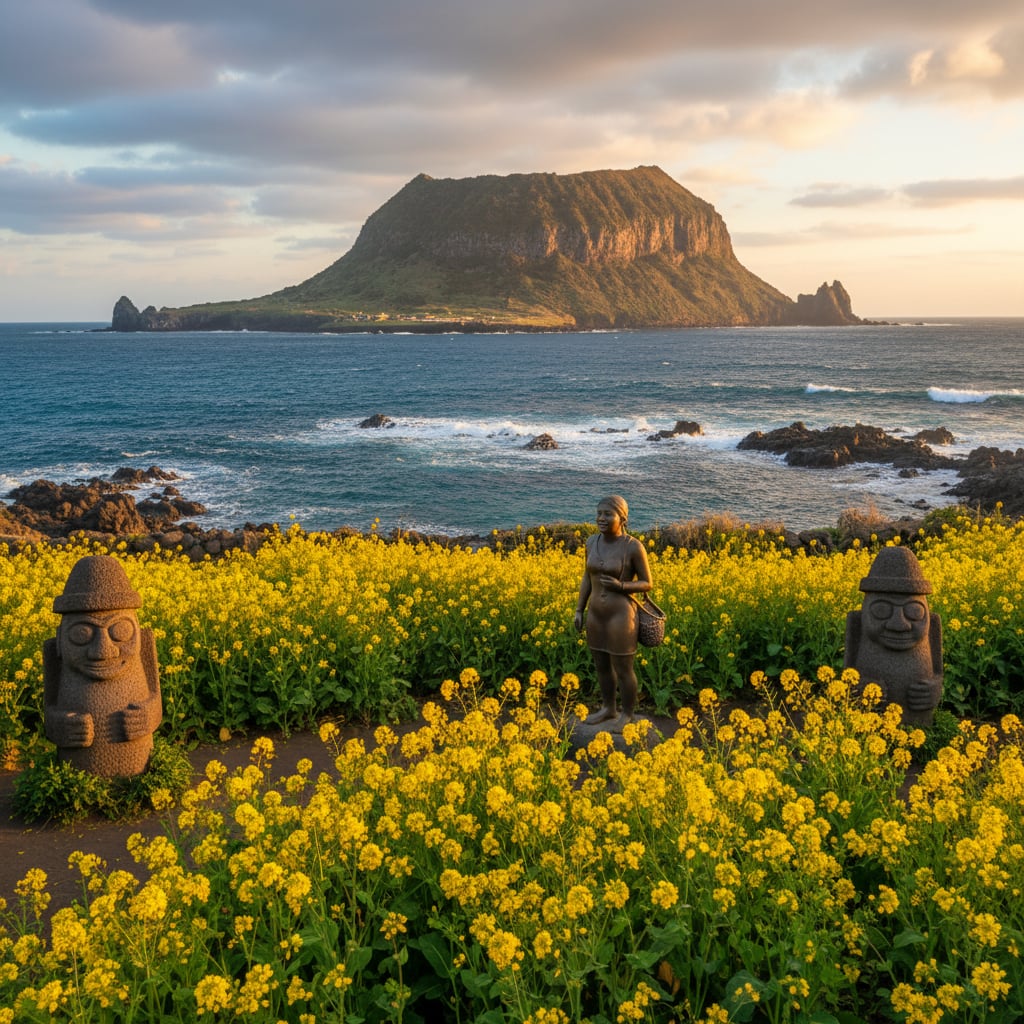 Seongsan Ilchulbong volcanic crater on Jeju Island with turquoise ocean