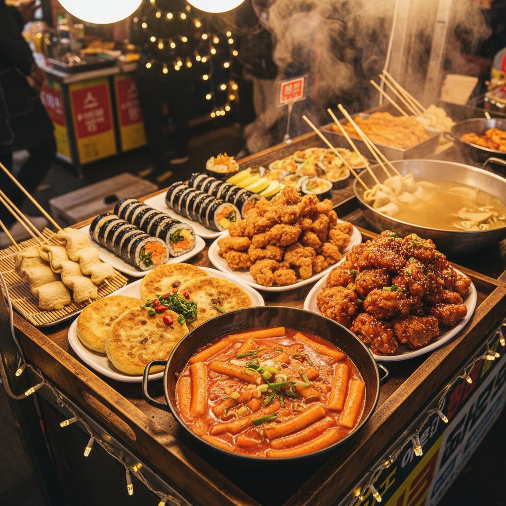 Korean street food spread featuring tteokbokki, Korean fried chicken, and hotteok