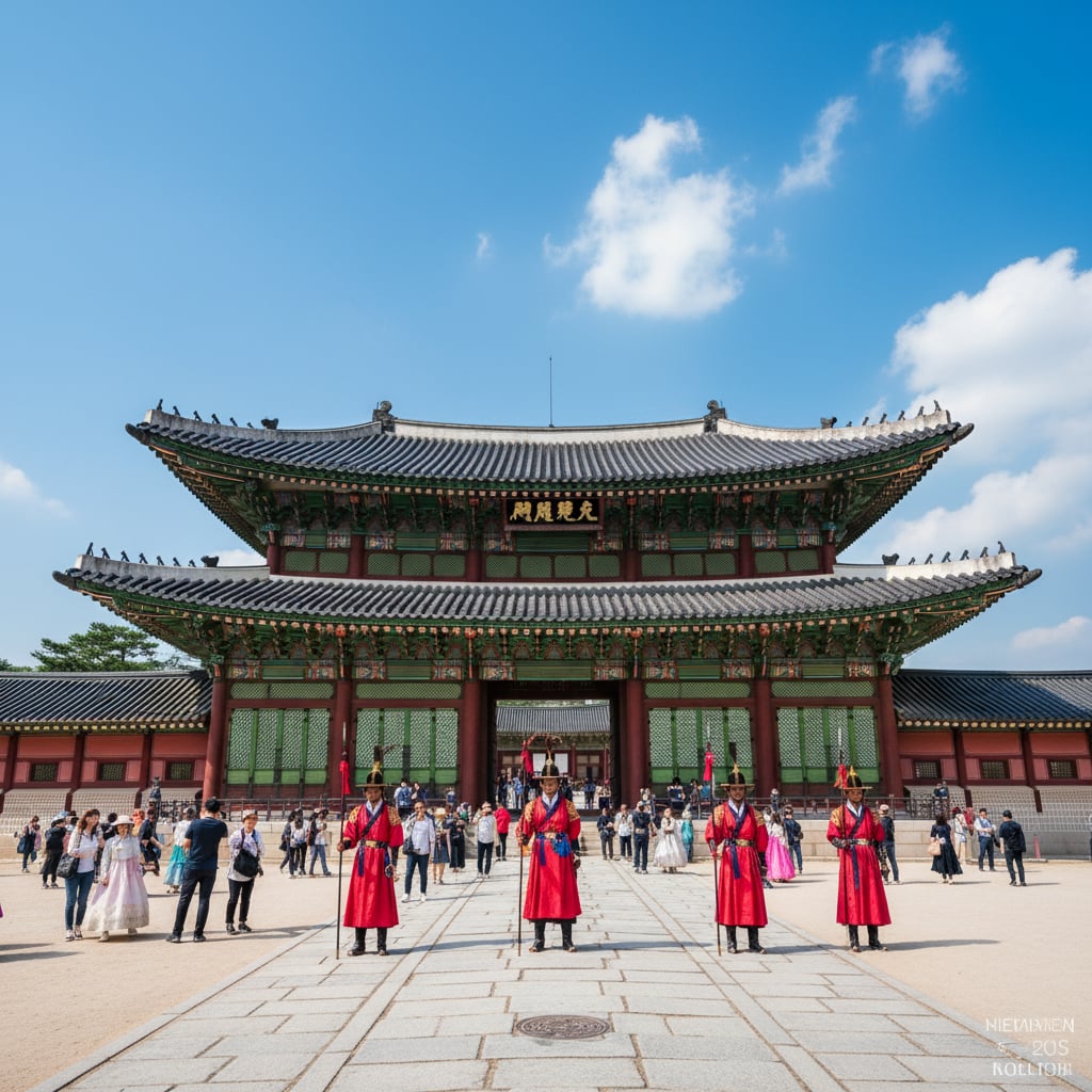 Gyeongbokgung Palace with traditional Korean architecture and royal guards
