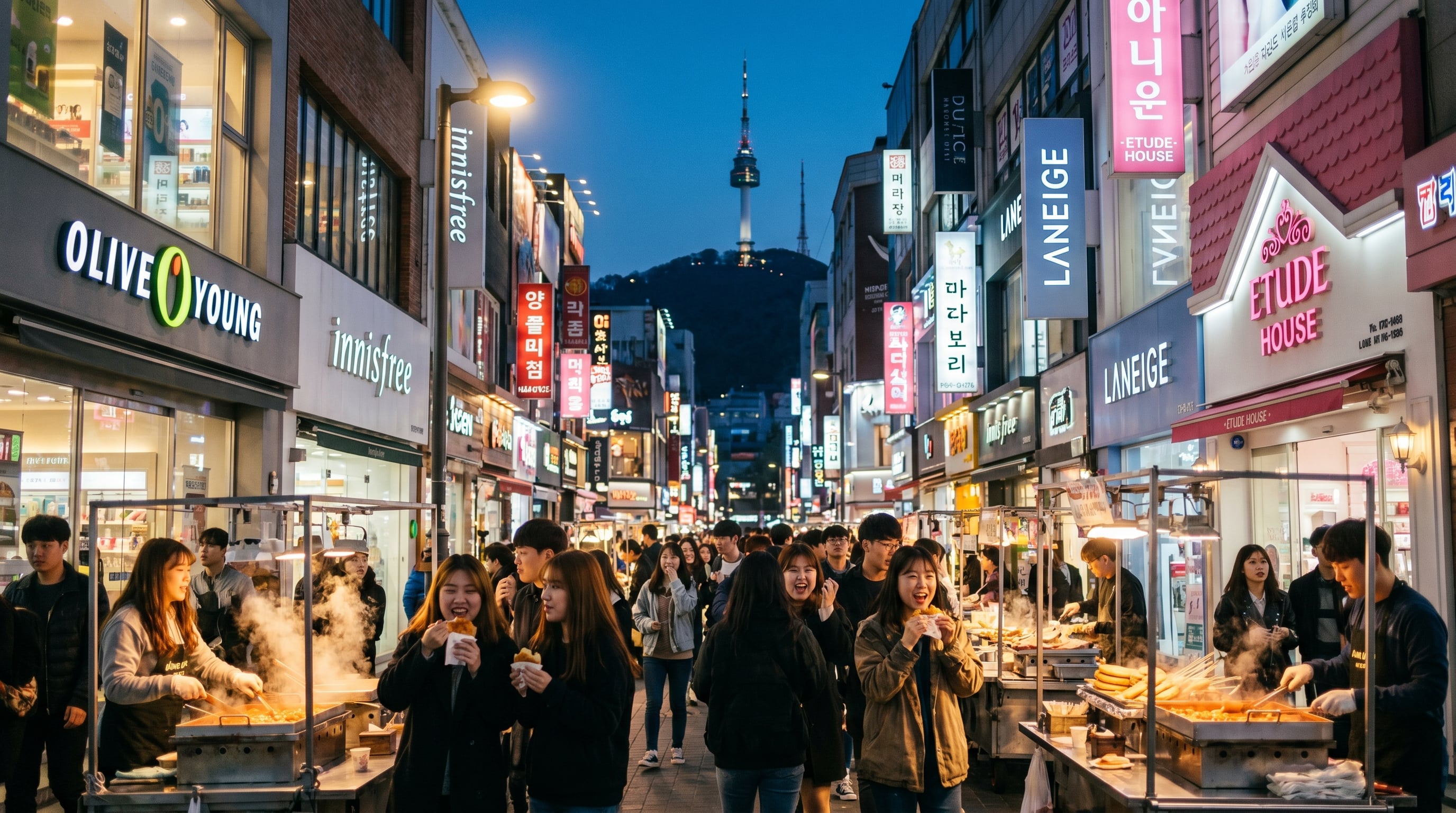 Busy evening street in Myeongdong Seoul with neon signs and N Seoul Tower glowing on Namsan mountain