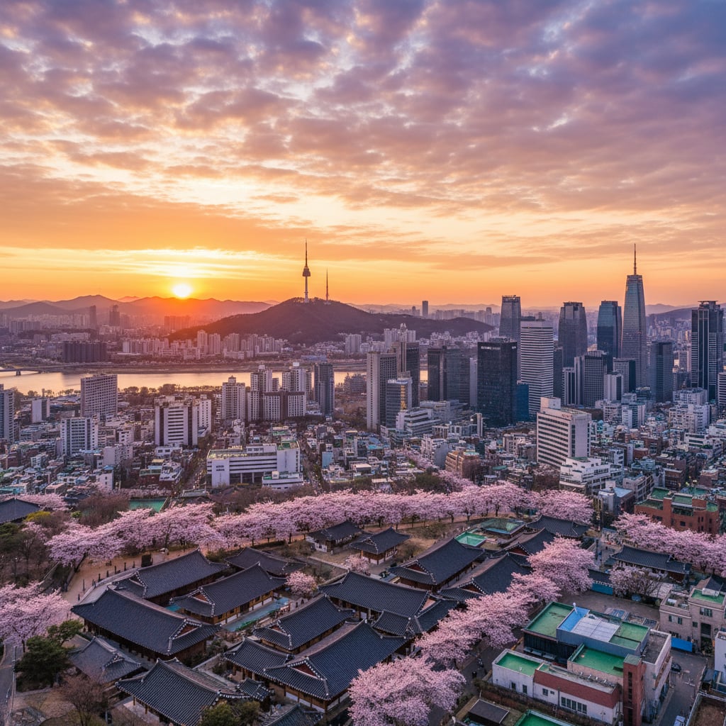 Seoul skyline at golden hour with N Seoul Tower and modern skyscrapers