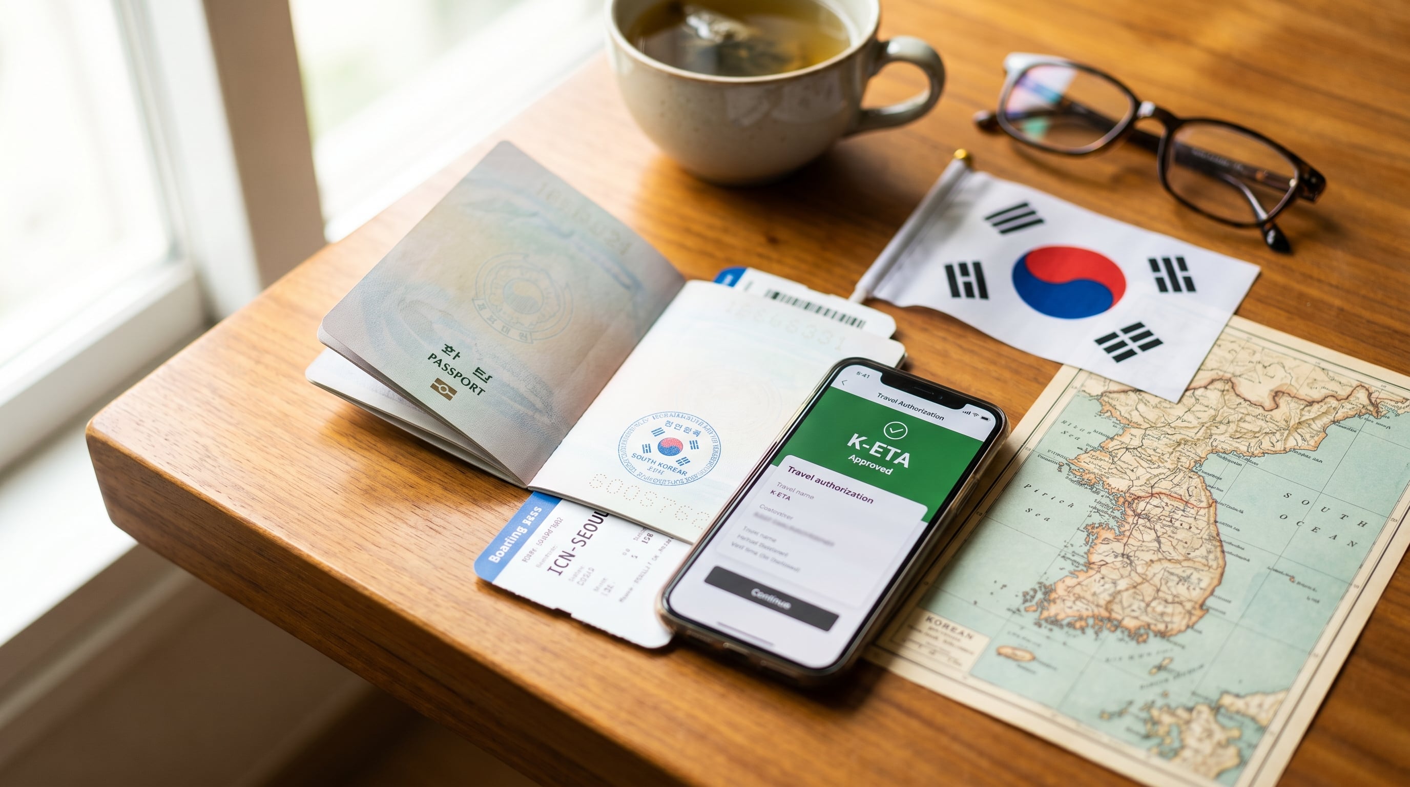 Passport, boarding pass and a phone showing a Korea travel authorization with a South Korean flag