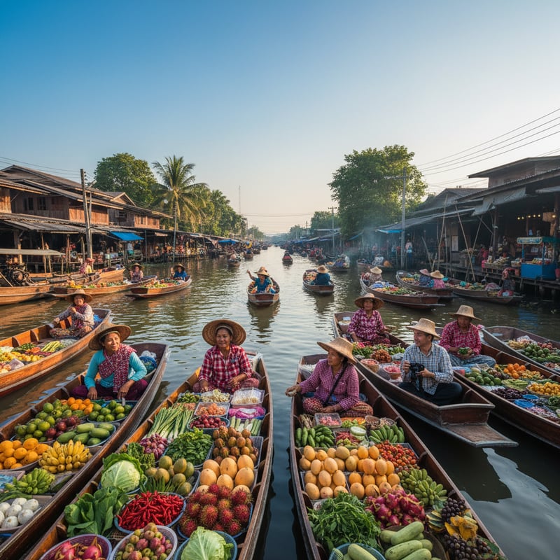 Traditional Thai floating market with boats