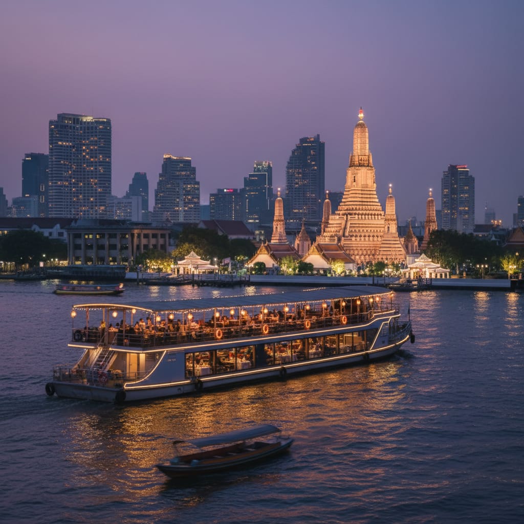 Chao Phraya River dinner cruise at twilight