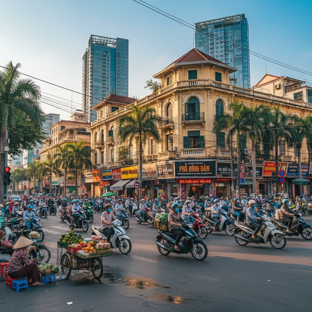 Ho Chi Minh City bustling street scene with motorbikes and colonial architecture