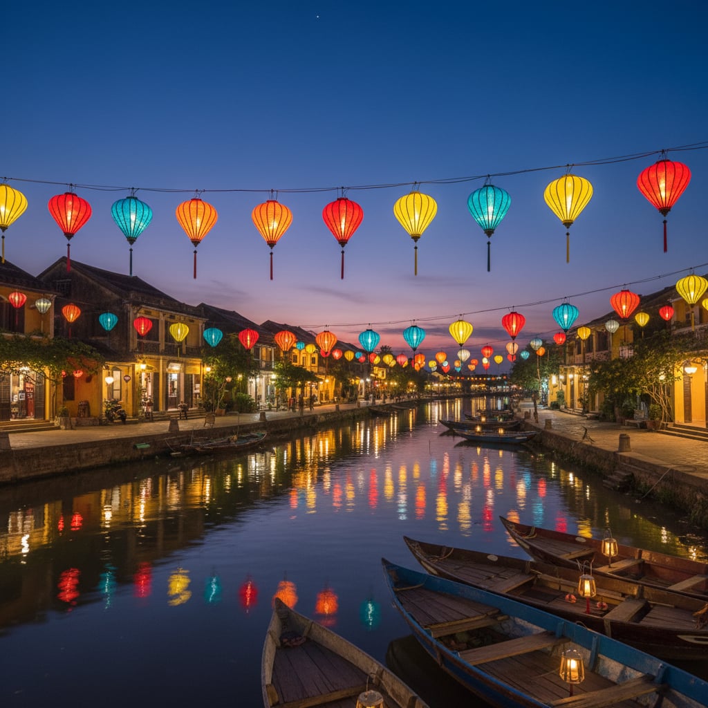Hoi An ancient town at night with colorful lanterns reflecting on Thu Bon river