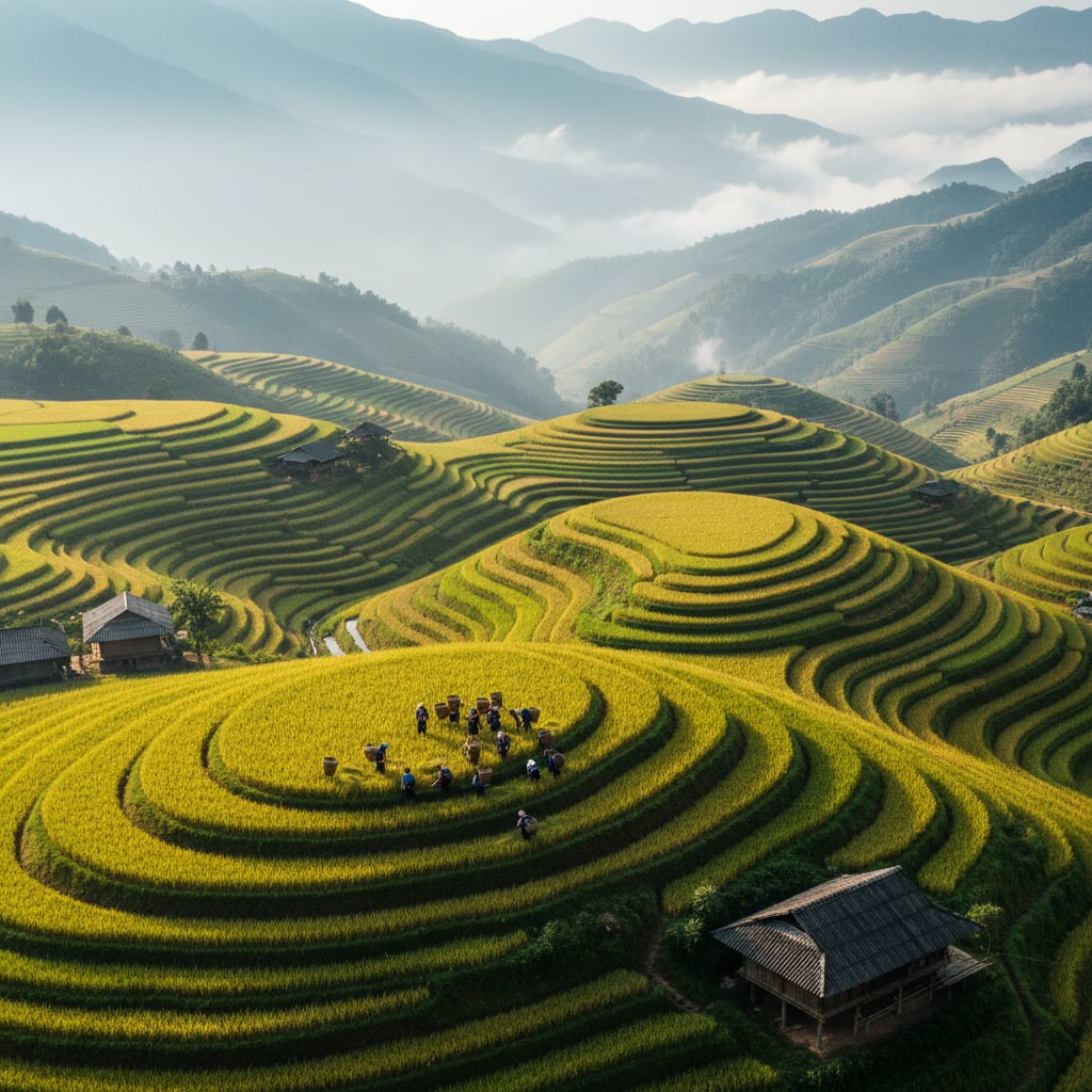 Sapa rice terraces with ethnic minority villagers during harvest season