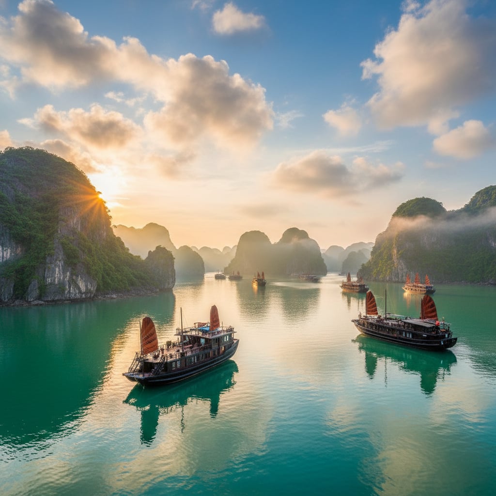 Ha Long Bay Vietnam limestone karsts and traditional junk boats at sunrise