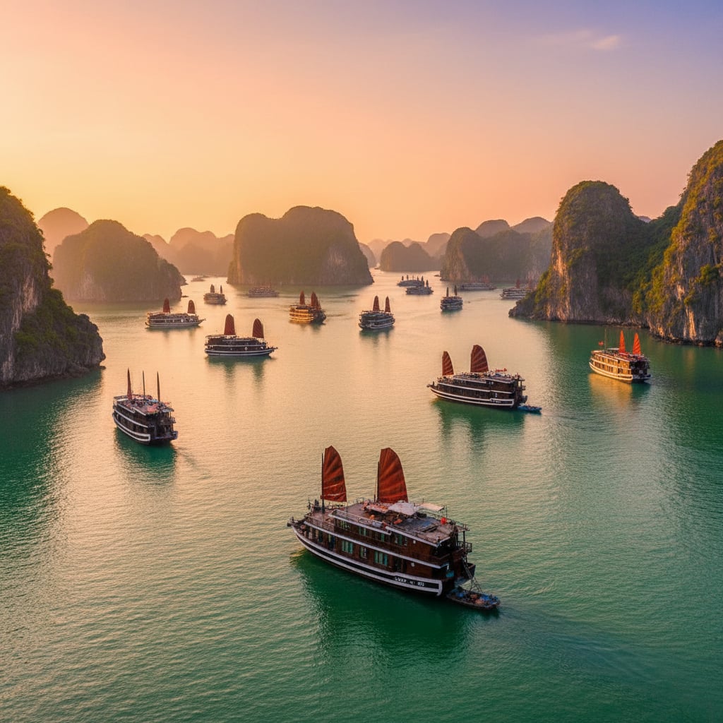 Ha Long Bay Vietnam with traditional junk boats and limestone karsts at sunset
