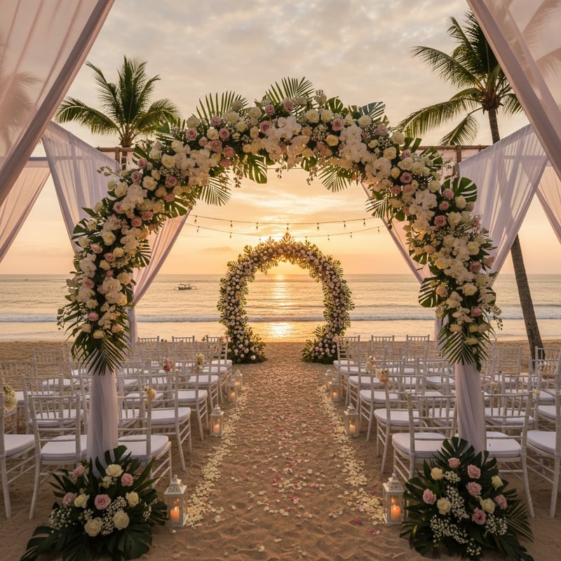 Destination wedding ceremony setup on Bali beach at sunset with flower arch and ocean backdrop - MICE event planning