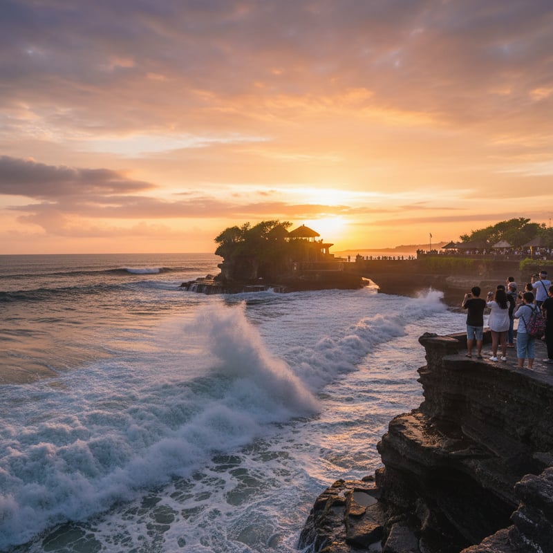 Tourists visiting Tanah Lot temple in Bali at sunset with dramatic ocean waves - temple tour packages