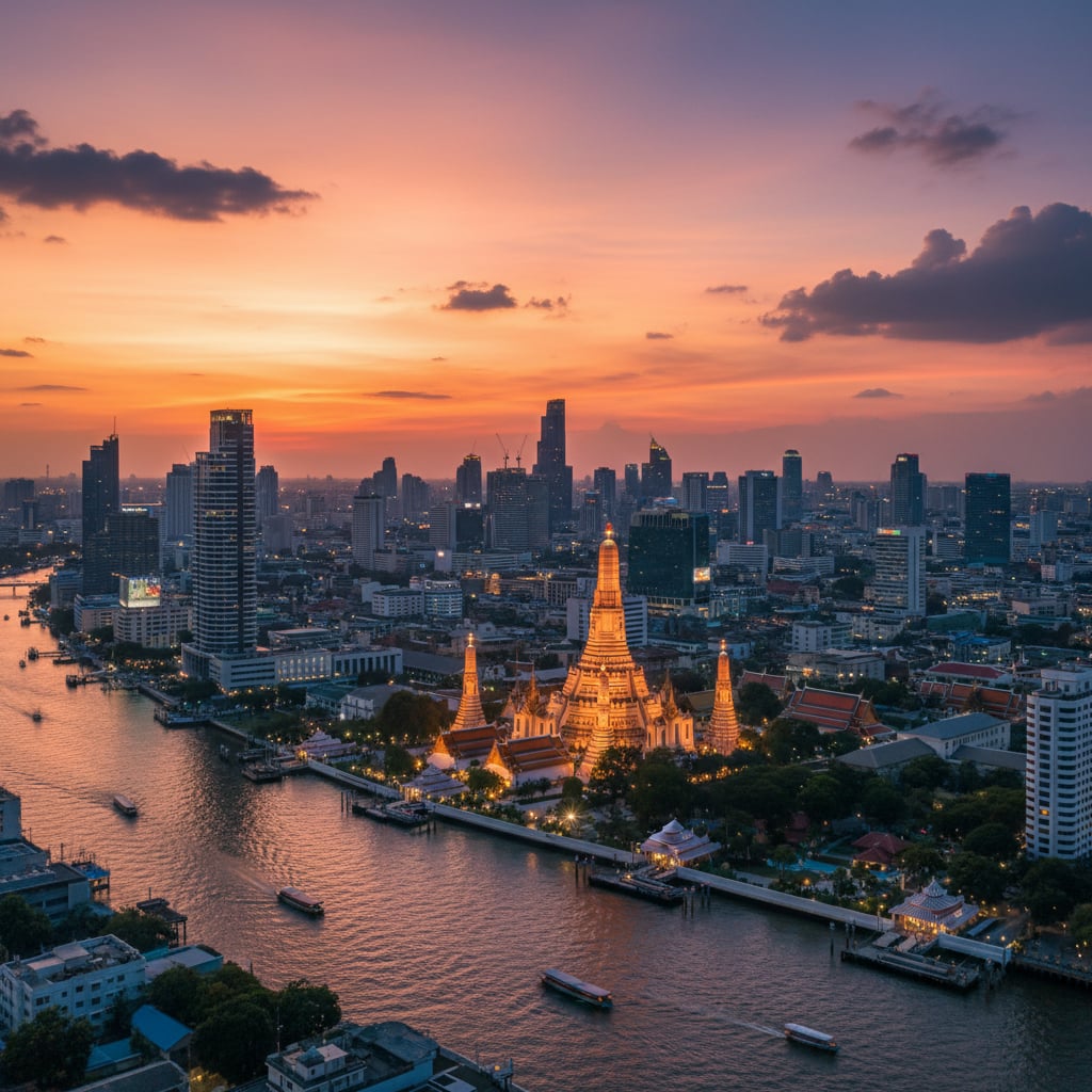 Bangkok skyline with Wat Arun temple and Chao Phraya River