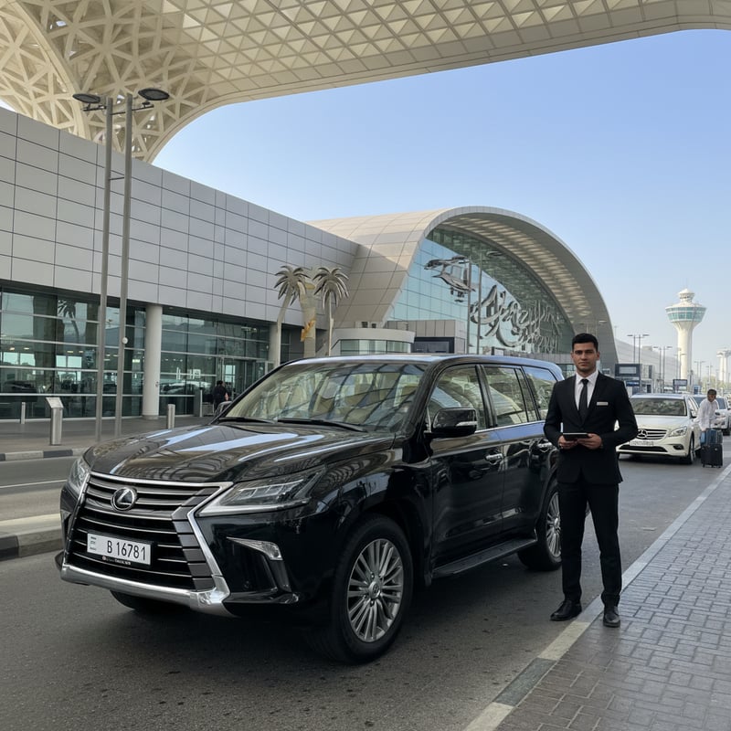 Private airport transfer service at Dubai International Airport DXB with luxury SUV