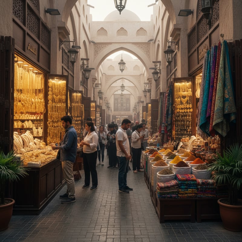 Traditional Dubai Gold Souk in Deira with colorful spice and gold displays