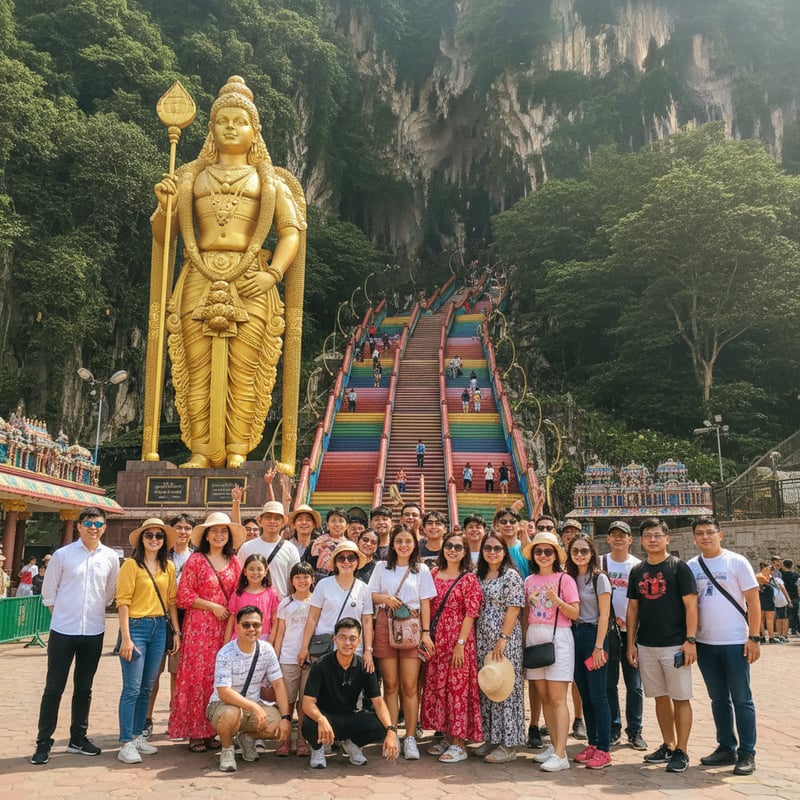 Travel agents booking Malaysia tours at Batu Caves - colorful steps and golden statue