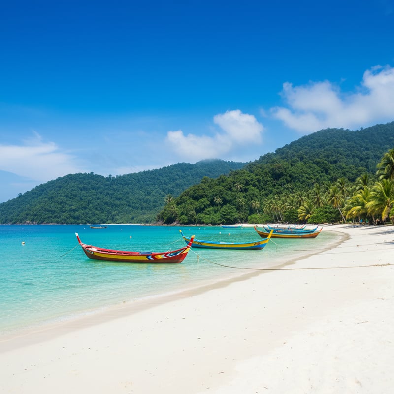 Pristine white sand beach in Langkawi Malaysia with turquoise water and traditional boats