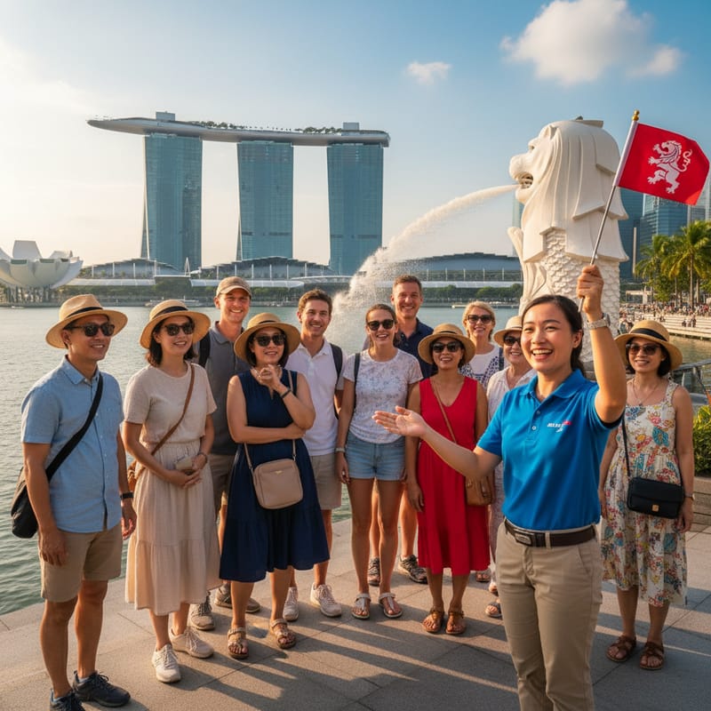 Guided city tour in Singapore with tourists visiting Merlion and Marina Bay