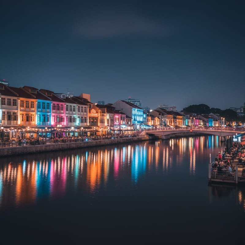 Clarke Quay waterfront at night in Singapore with colorful illuminated buildings