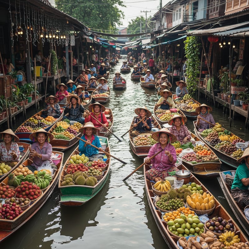 Colorful Damnoen Saduak floating market in Thailand - unique experience for tourists