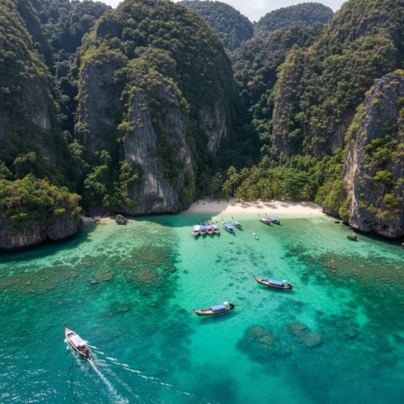 Stunning aerial view of Phi Phi Islands Thailand with emerald green water and limestone cliffs