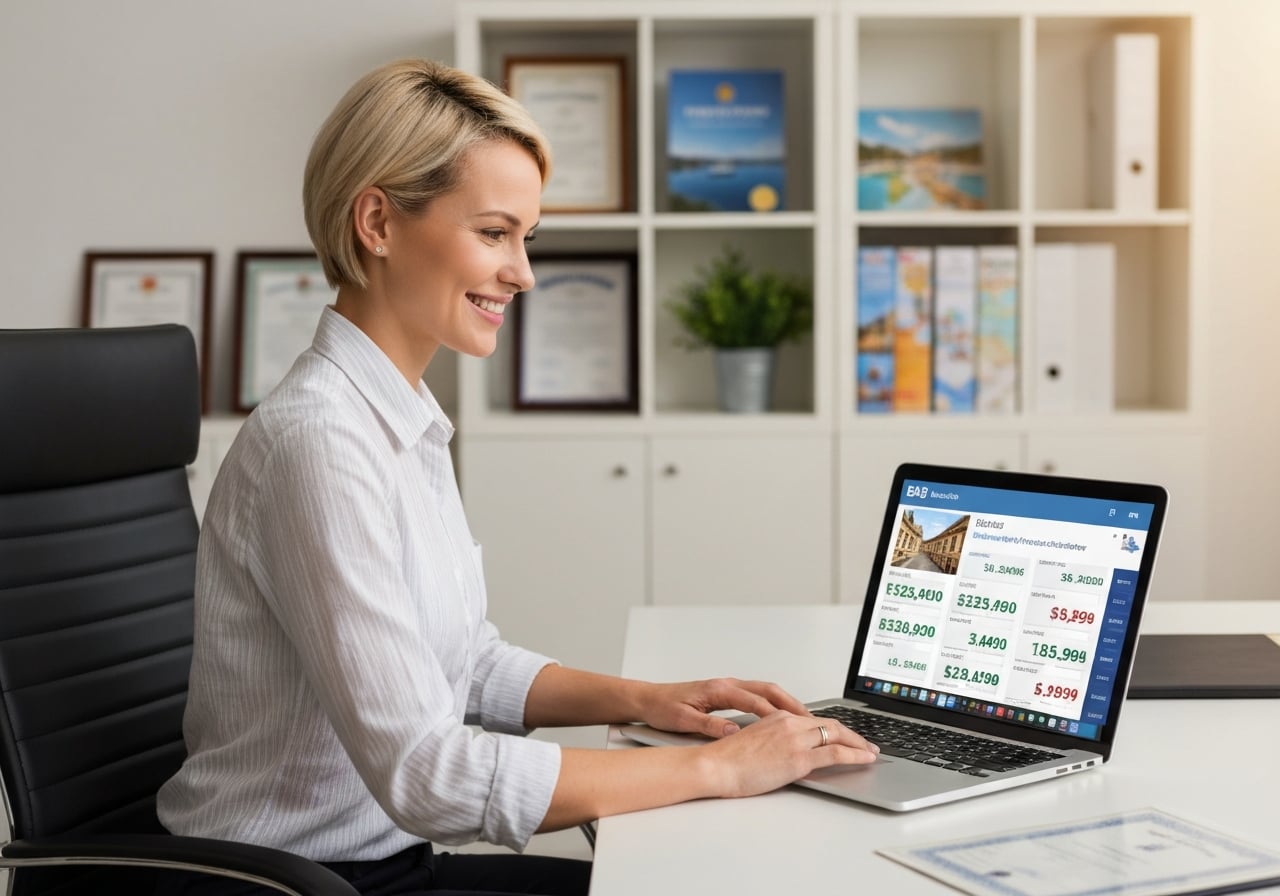 Travel agent reviewing B2B booking platform on laptop with hotel rates displayed