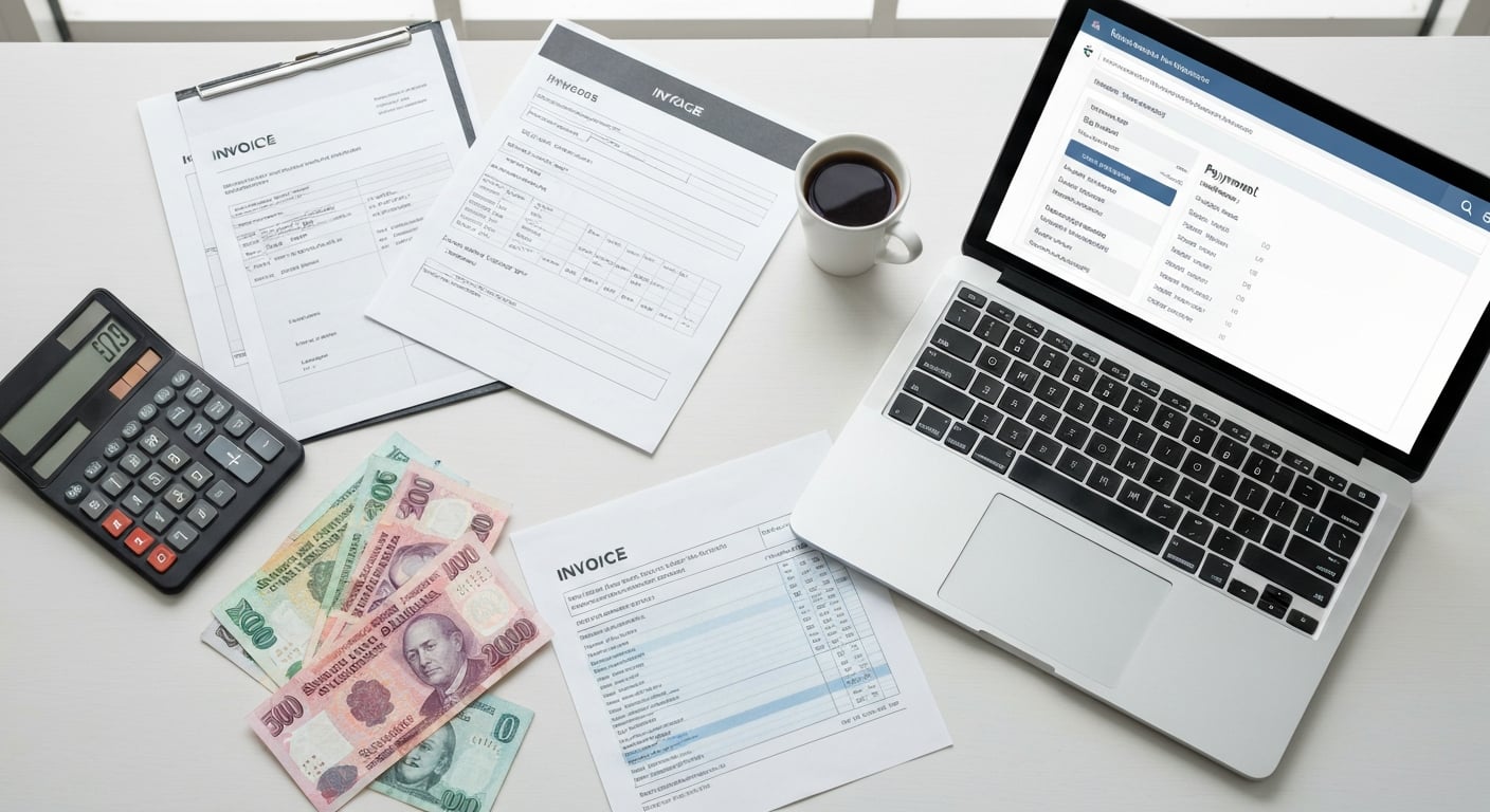 Financial planning desk with travel documents, calculator, and Singapore dollars for cash flow management