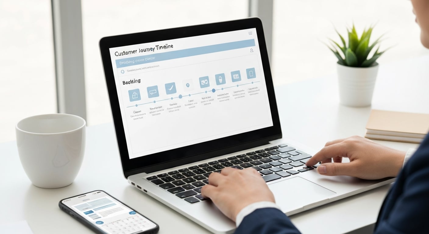 CRM software interface showing customer journey timeline, booking status, and client communication history