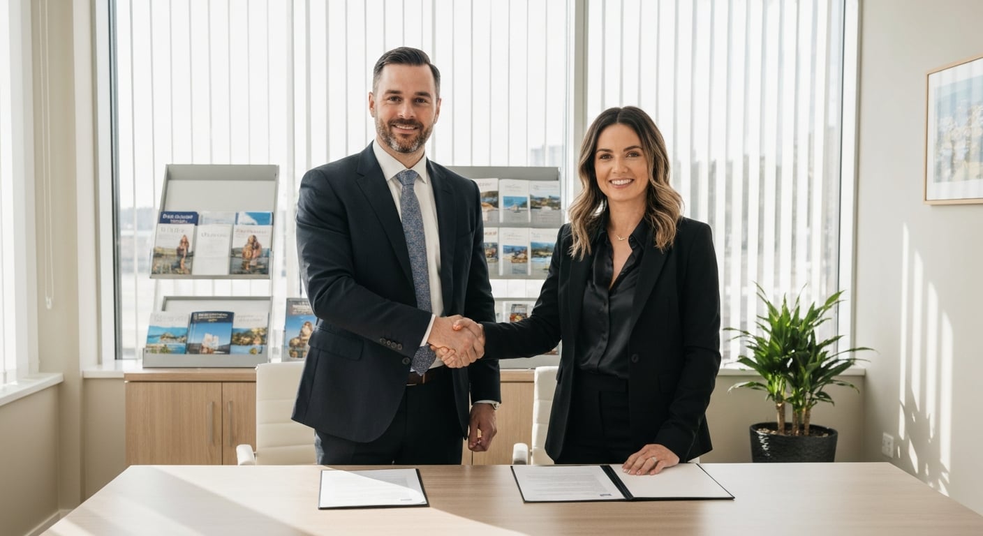 Business professionals shaking hands on DMC partnership agreement in modern travel office