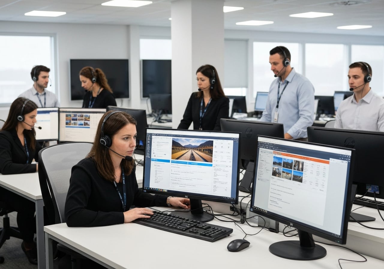 DMC operations team with headsets taking travel bookings in modern office