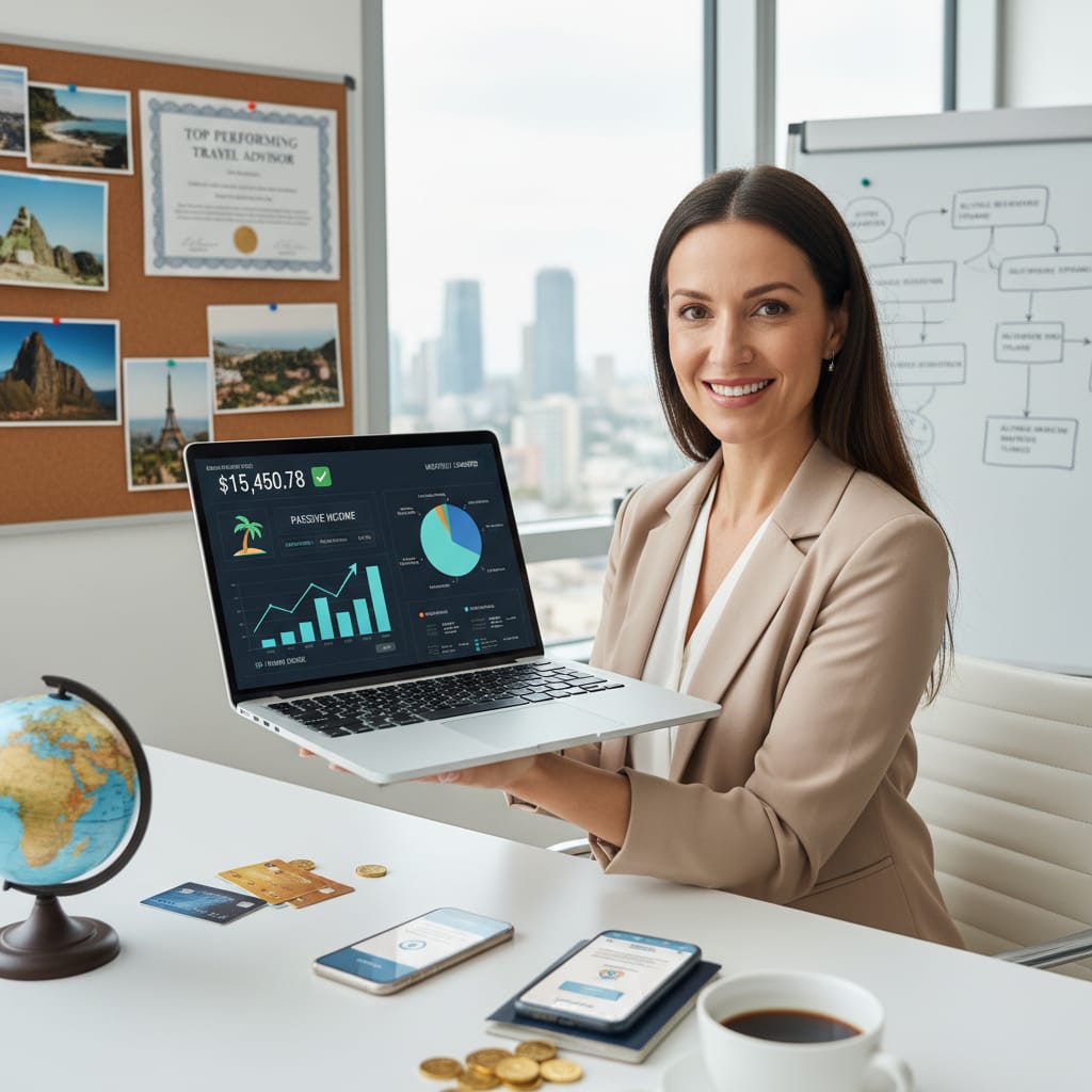 Travel agent earning money through bookings on laptop showing multiple revenue streams