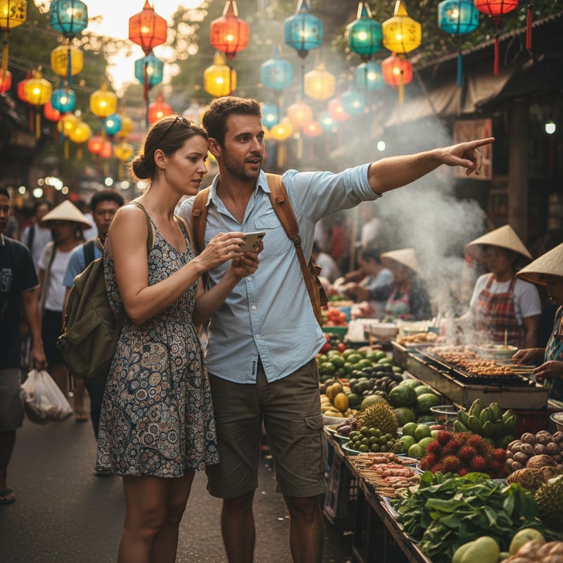Independent travelers exploring a local market, representing FIT travel style