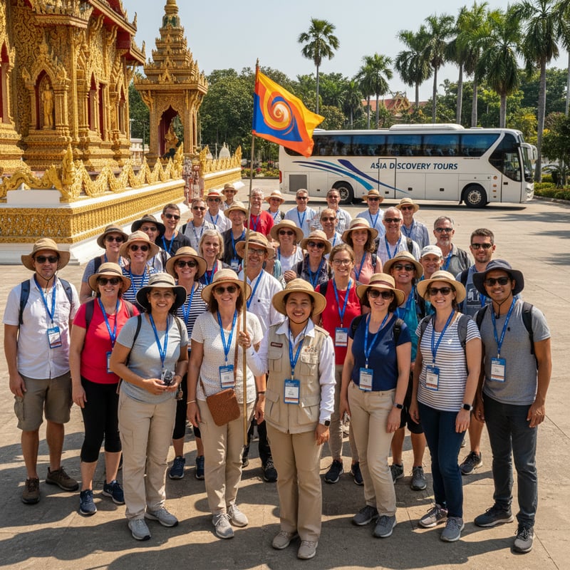 Large tour group following a guide at a temple, representing GIT package travel