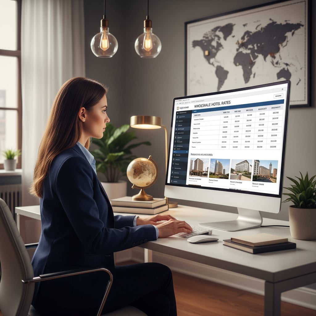 Travel agent accessing DMC wholesale rates on computer