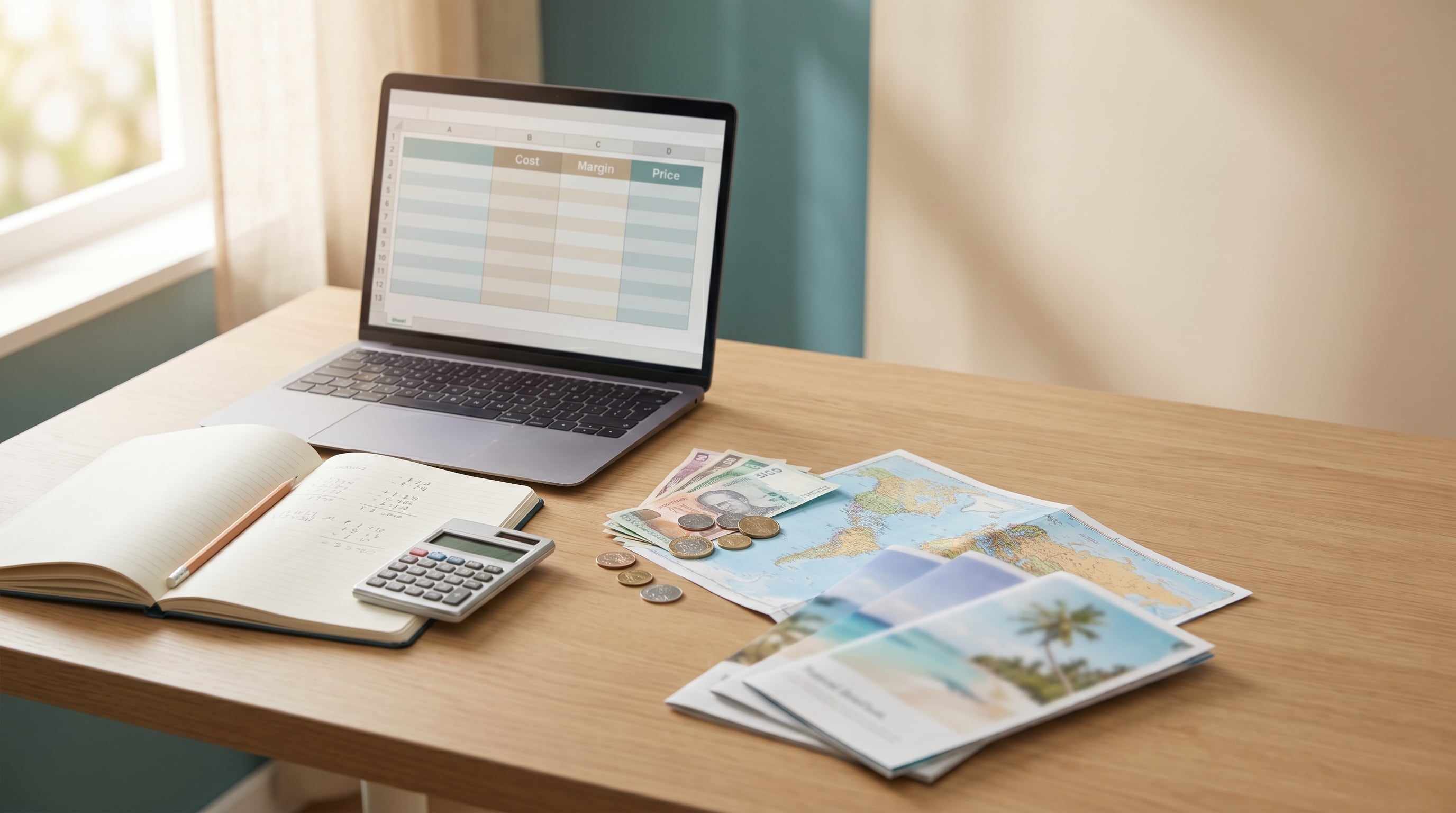 Travel agent desk with a calculator, laptop spreadsheet of hotel and tour costs, and destination brochures used to price a travel package