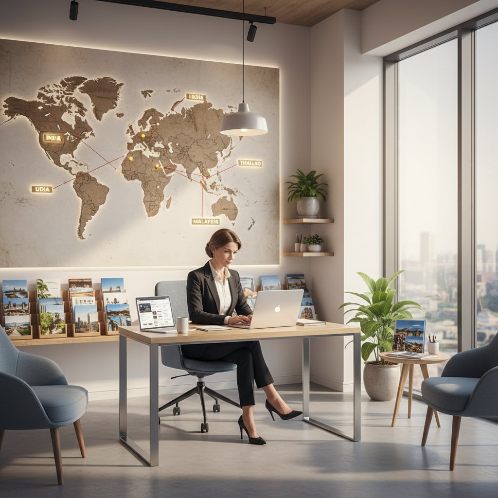 Global travel agency startup guide 2026 showing entrepreneurs planning travel business with world map