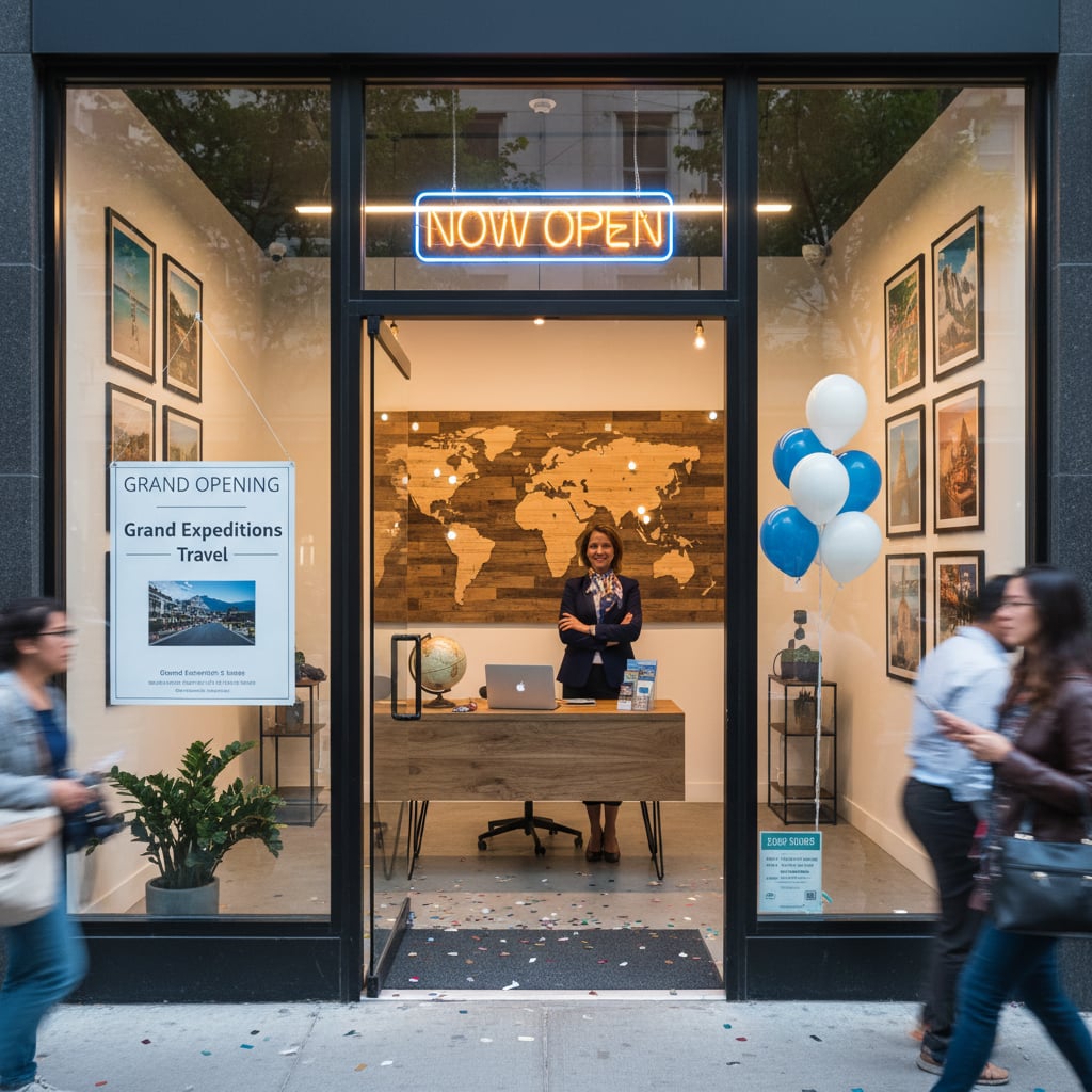 Entrepreneur starting travel agency business with laptop and planning documents