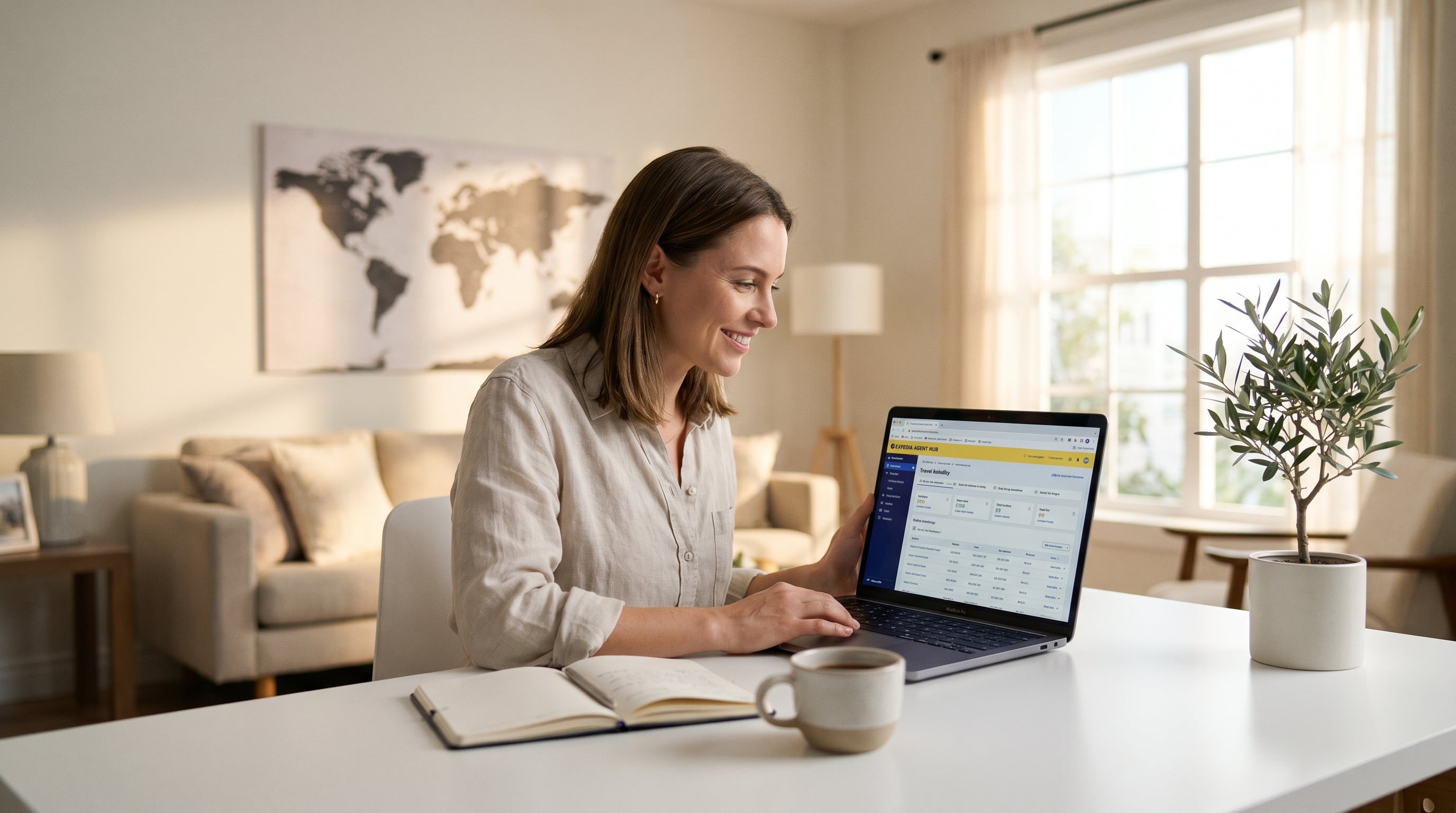 Home based travel agent working at a tidy white desk with a laptop showing a booking dashboard and a world map on the wall