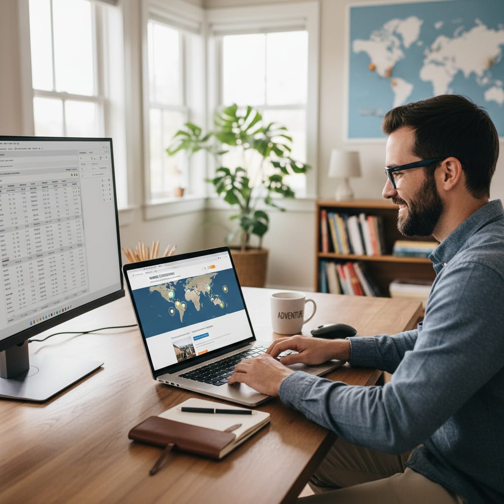 Entrepreneur working on laptop with travel booking website showing global destinations