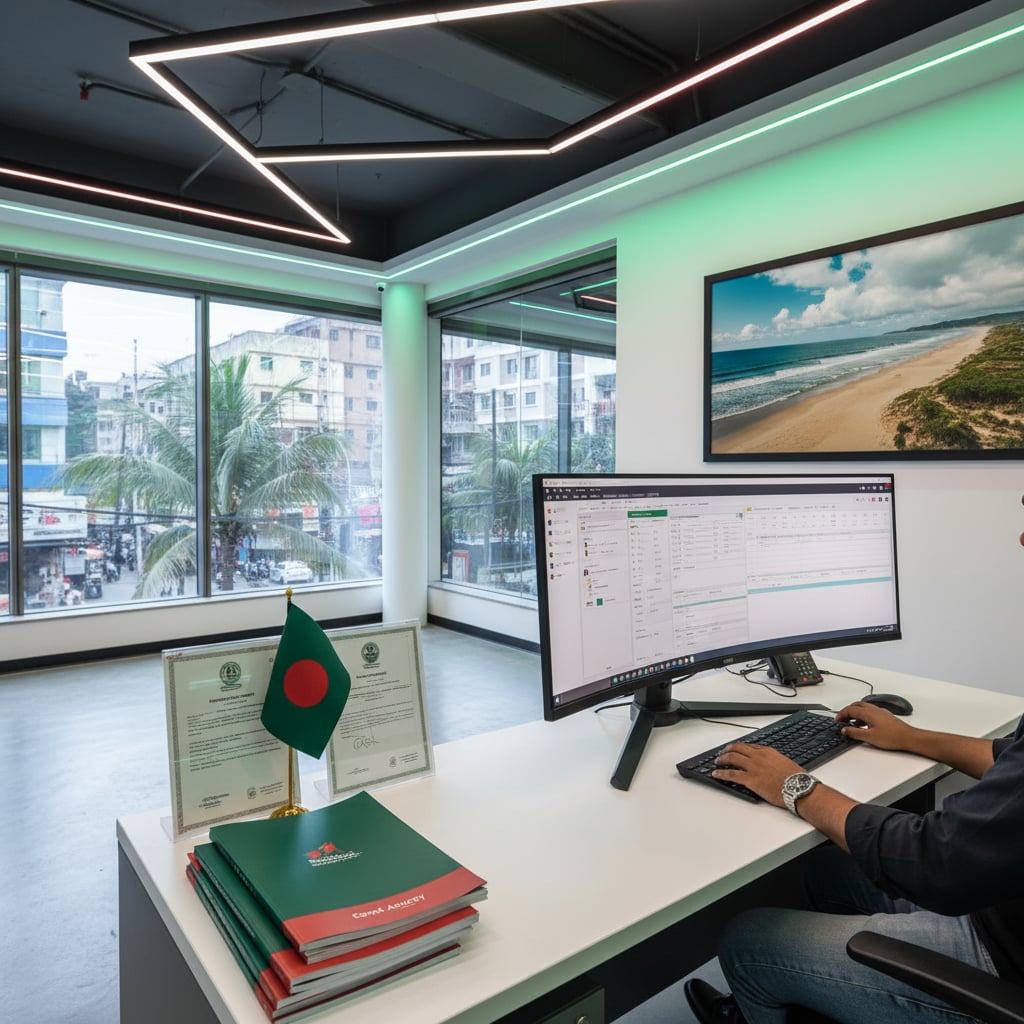 Modern travel agency office in Dhaka Bangladesh with busy Gulshan business district visible