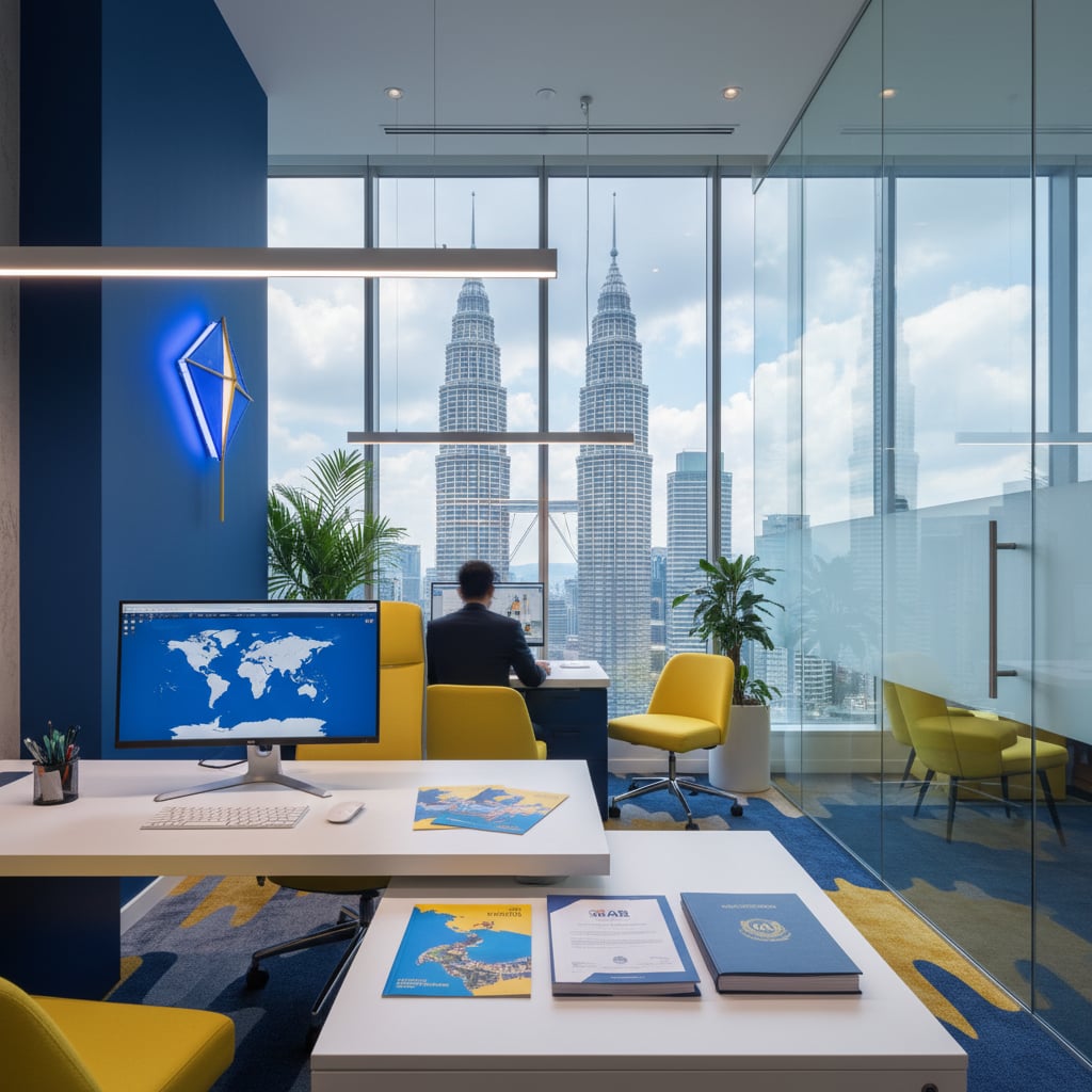 Modern travel agency office in Kuala Lumpur Malaysia with Petronas Twin Towers skyline visible through window