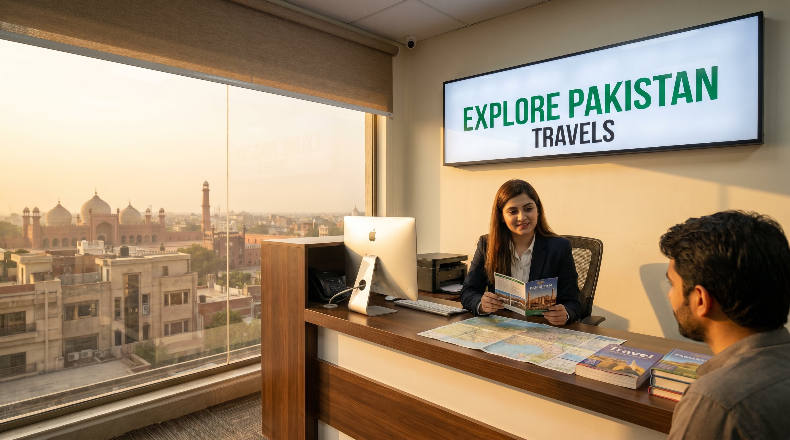 Modern travel agency office in Pakistan with a consultant helping a customer and a Lahore city skyline visible through the window