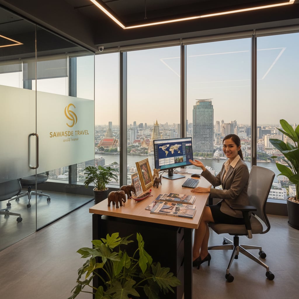 Modern travel agency office in Bangkok Thailand with city skyline and Buddhist temple visible