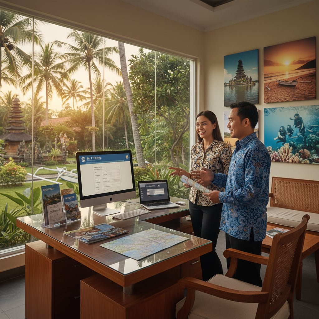 Travel agency in Bali Indonesia with tropical setting and tourism promotional materials