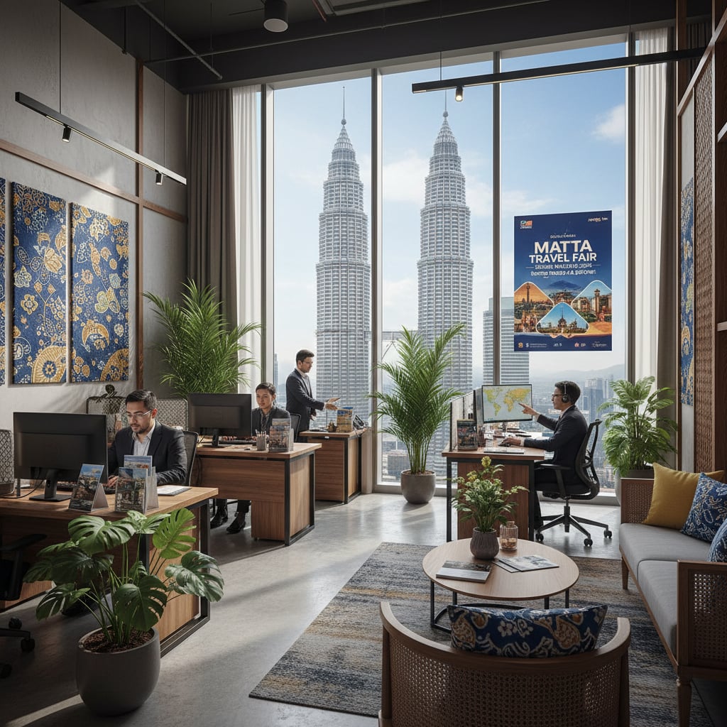 Travel agency office in Kuala Lumpur with Petronas Towers visible through window