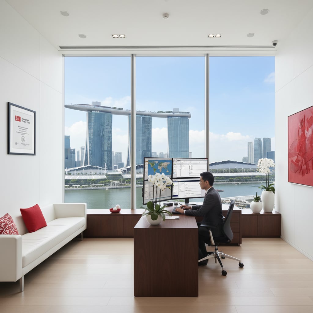 Modern travel agency office in Singapore CBD with Marina Bay Sands view