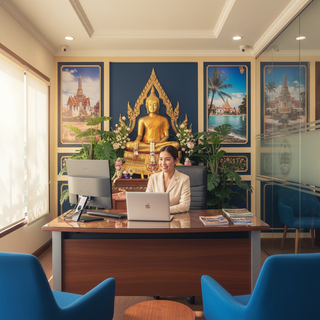 Travel agency storefront in Bangkok with Thai tourism posters and tropical setting