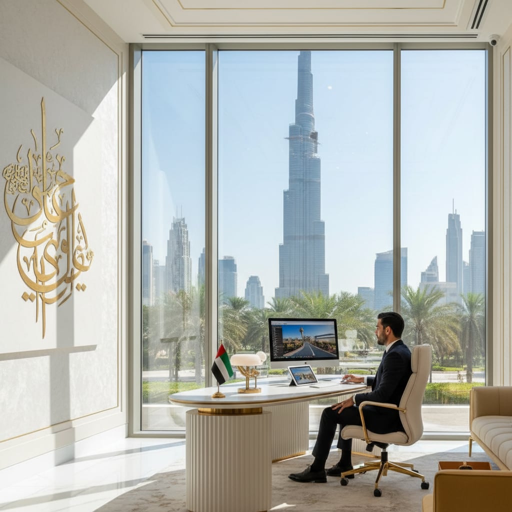 Modern travel agency office in Dubai with Burj Khalifa skyline view